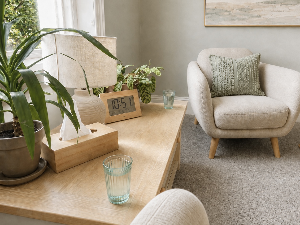 A softly lit therapy room with an armchair, houseplants, a lamp and glasses of water